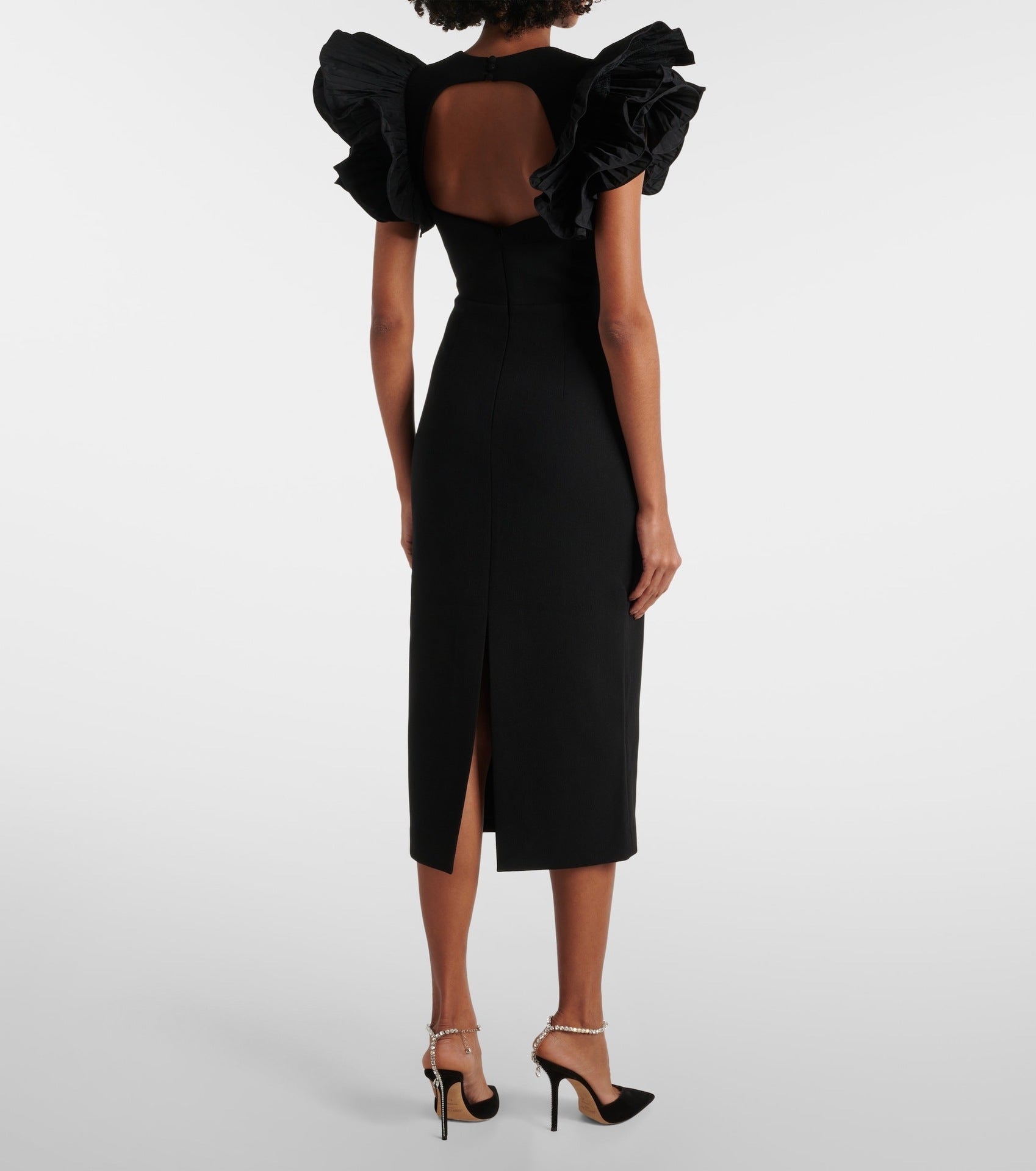 BLANCHE RUFFLE CREPE MIDI DRESS BLACK