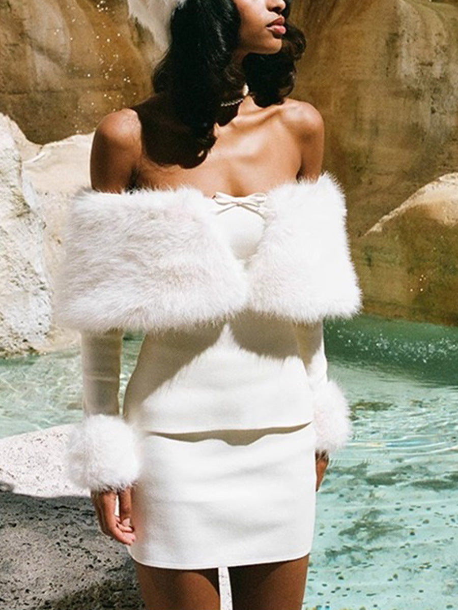SHERRY OFF-SHOULDER FURRY SKIRT SET FOR PARTY