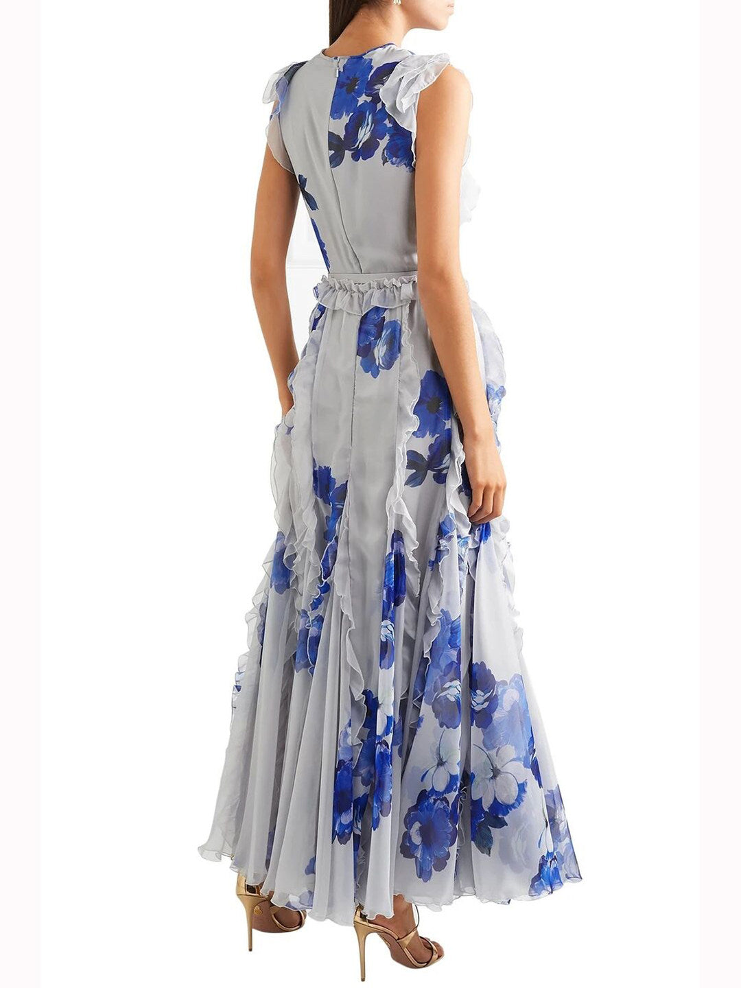 BLUE LANTERN SLEEVE RUFFLE DRESS FOR WEDDING GUEST