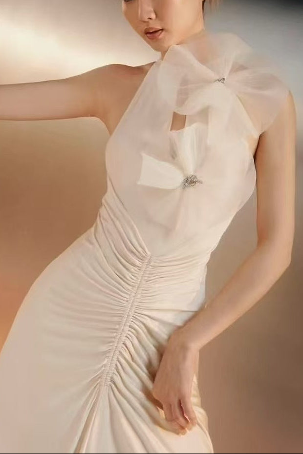 NICOLA WHITE BOW PLEATED BODYCON MAXI DRESS