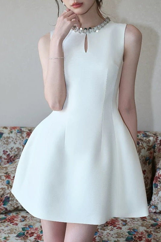 ALYSSA WHITE SLEEVELESS ROUND NECK DIAMOND DRESS