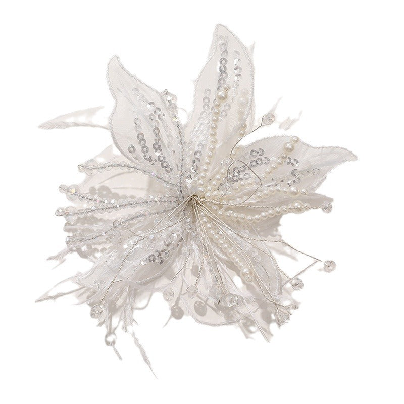 WHITE LACE PEARL CRYSTAL FLOWER HEADWEAR WEDDING CLAW CLIP
