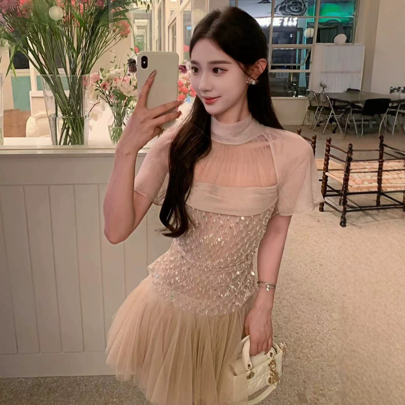 SHEER MESH RHINESTONE TULLE MINI PARTY DRESS