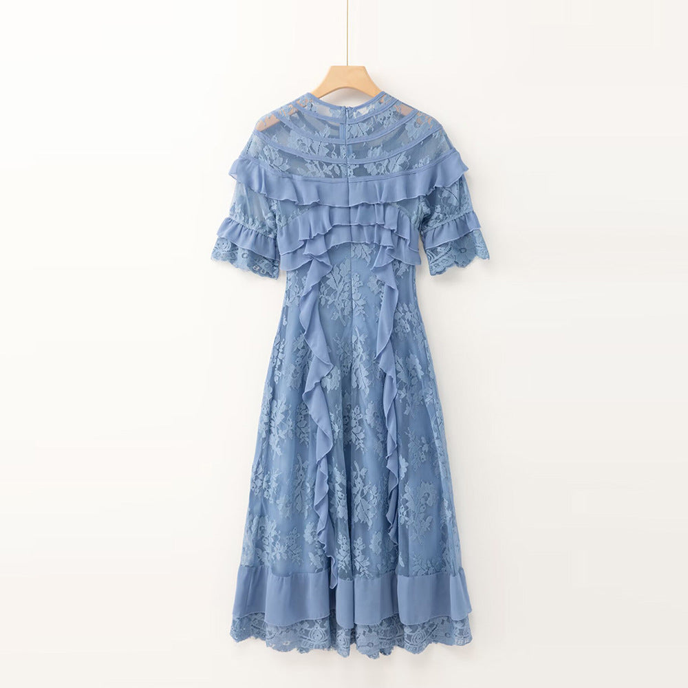 LORRAINE LACE MIDI DRESS WITH RUFFLE TRIM IN BLUE