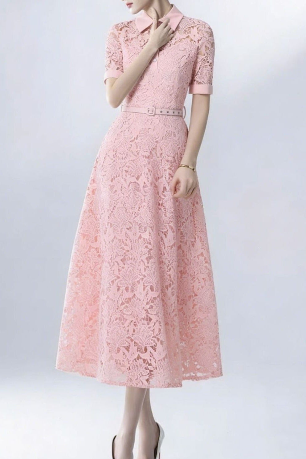 LACE COLLAR BELTED MIDI DRESS FOR WEDDING GUEST