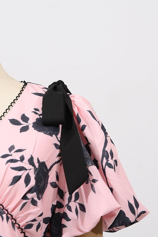 V-NECK SATIN FLORAL MIDI DRESS PINK
