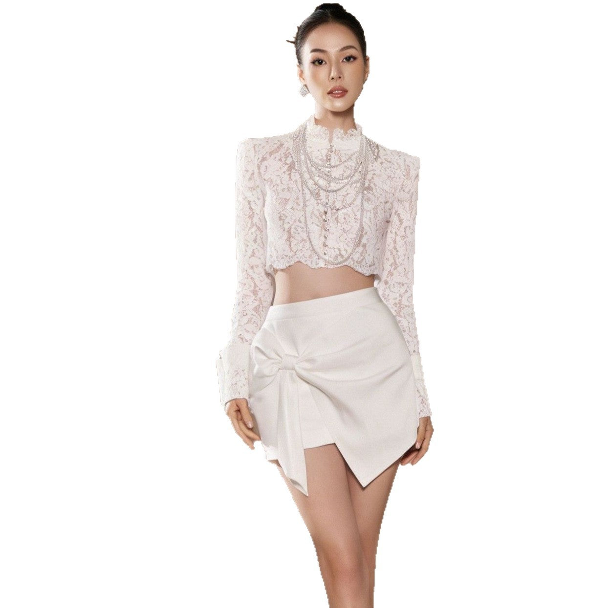 LACE STAND COLLAR LONG SLEEVE BOW SKIRT