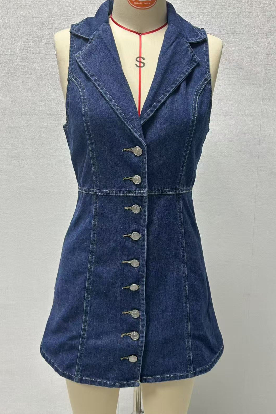 EARTHA COLLARED DENIM MINI DRESS DARK BLUE