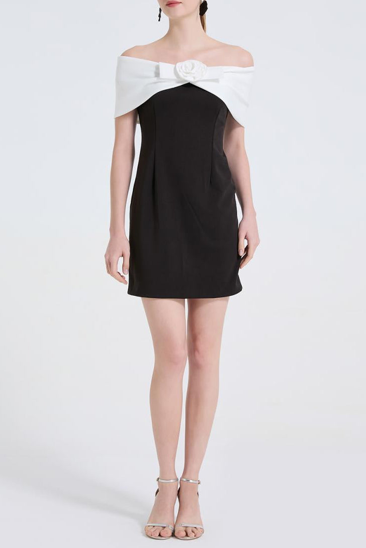 SANDRA OFF-SHOULDER 3D FLOWER MINI DRESS BLACK