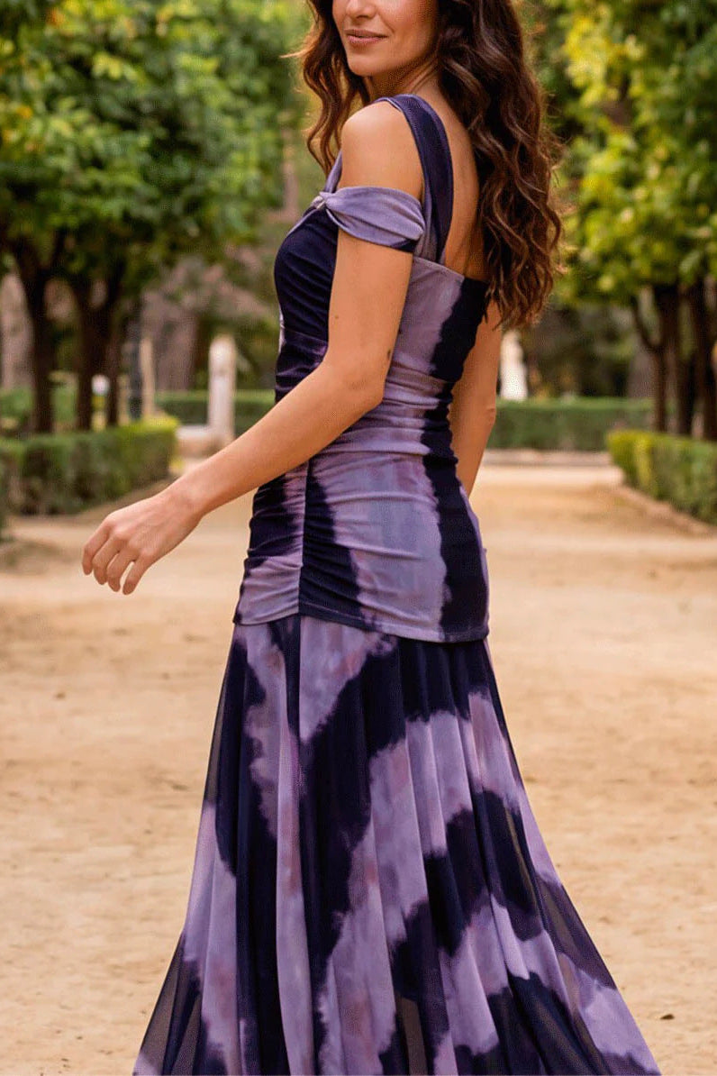 TIE-DYE OFF-SHOULDER RUCHED MIDI DRESS FOR PARTY