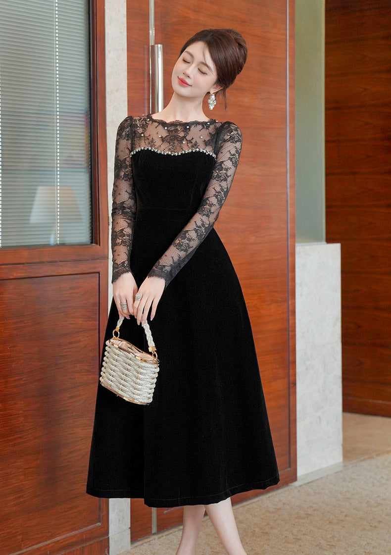 BLACK VELVET RHINESTONE MAXI DRESS WITH LACE SLEEVES