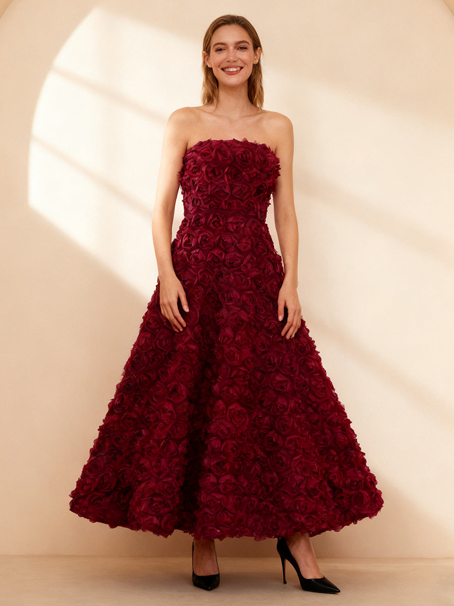 MONA 3D ROSE MESH STRAPLESS MAXI DRESS WINE RED