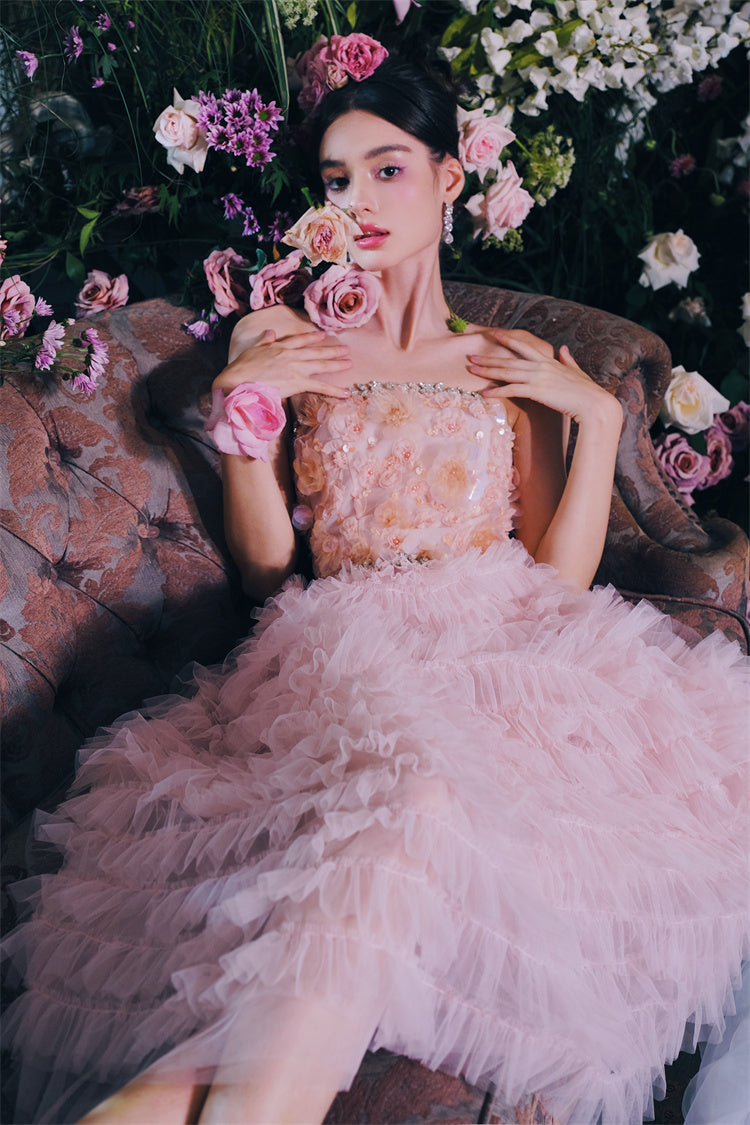 PINK PRINCESS RUFFLE MIDI STRAPLESS FLORAL DRESS
