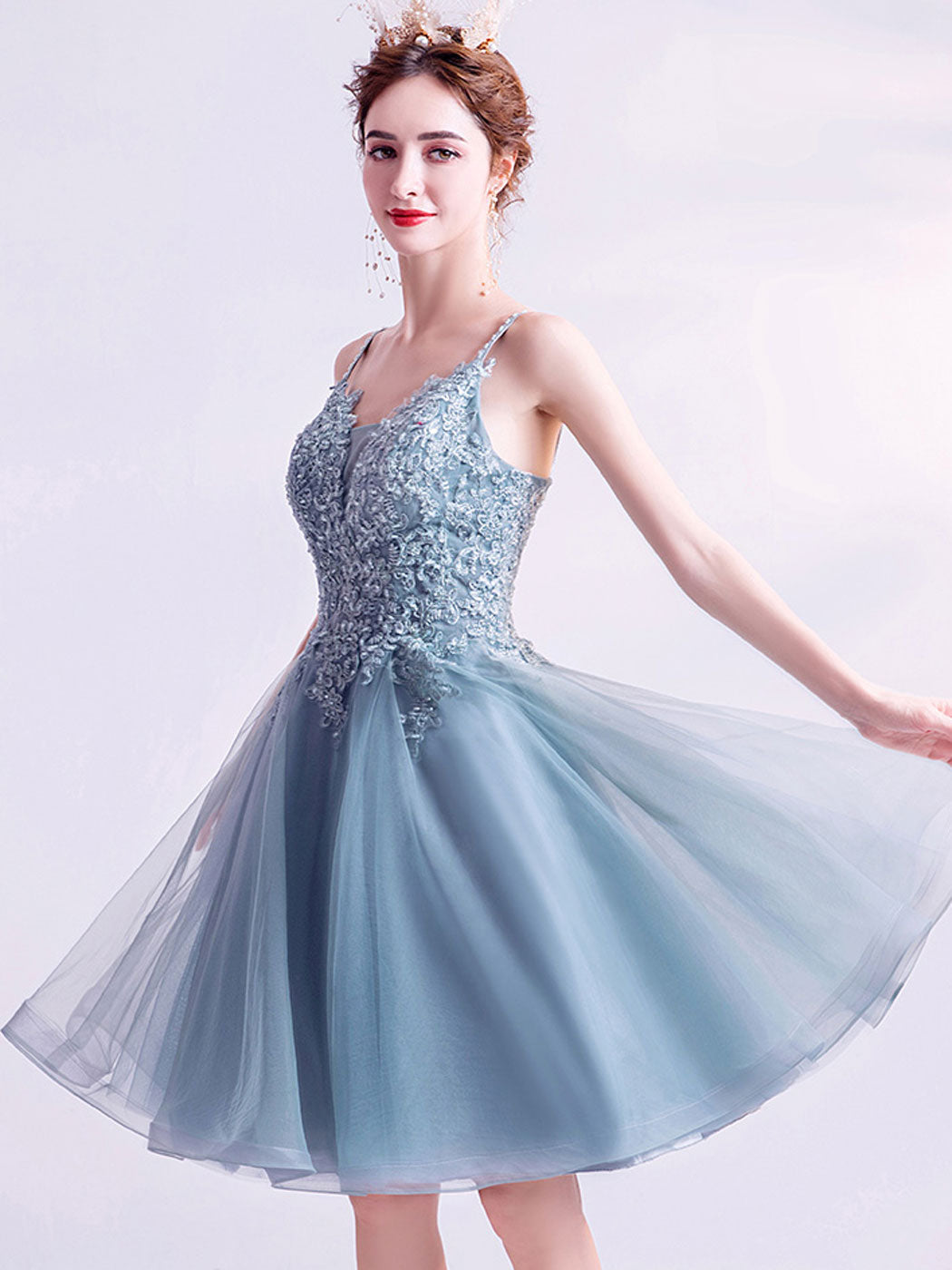 GRAY BLUE SEQUIN MIDI PROM DRESS