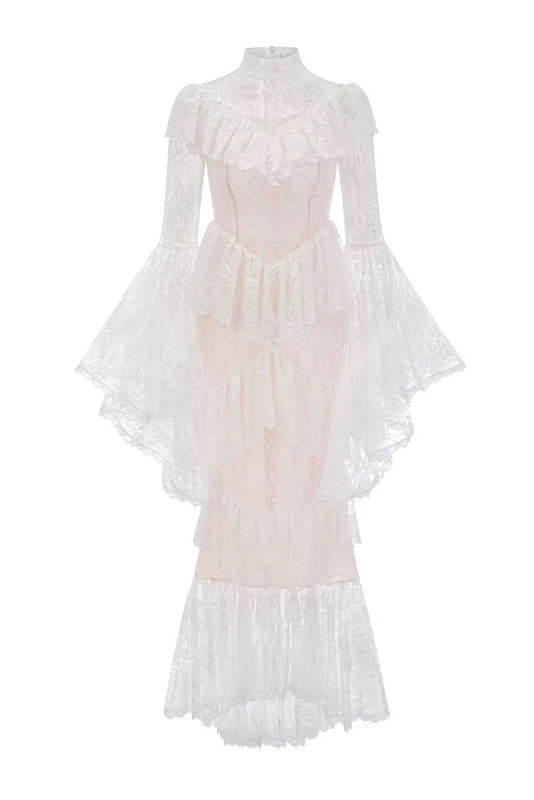 SYLVIA SHEER LACE TRUMPET SLEEVE MAXI DRESS, WHITE