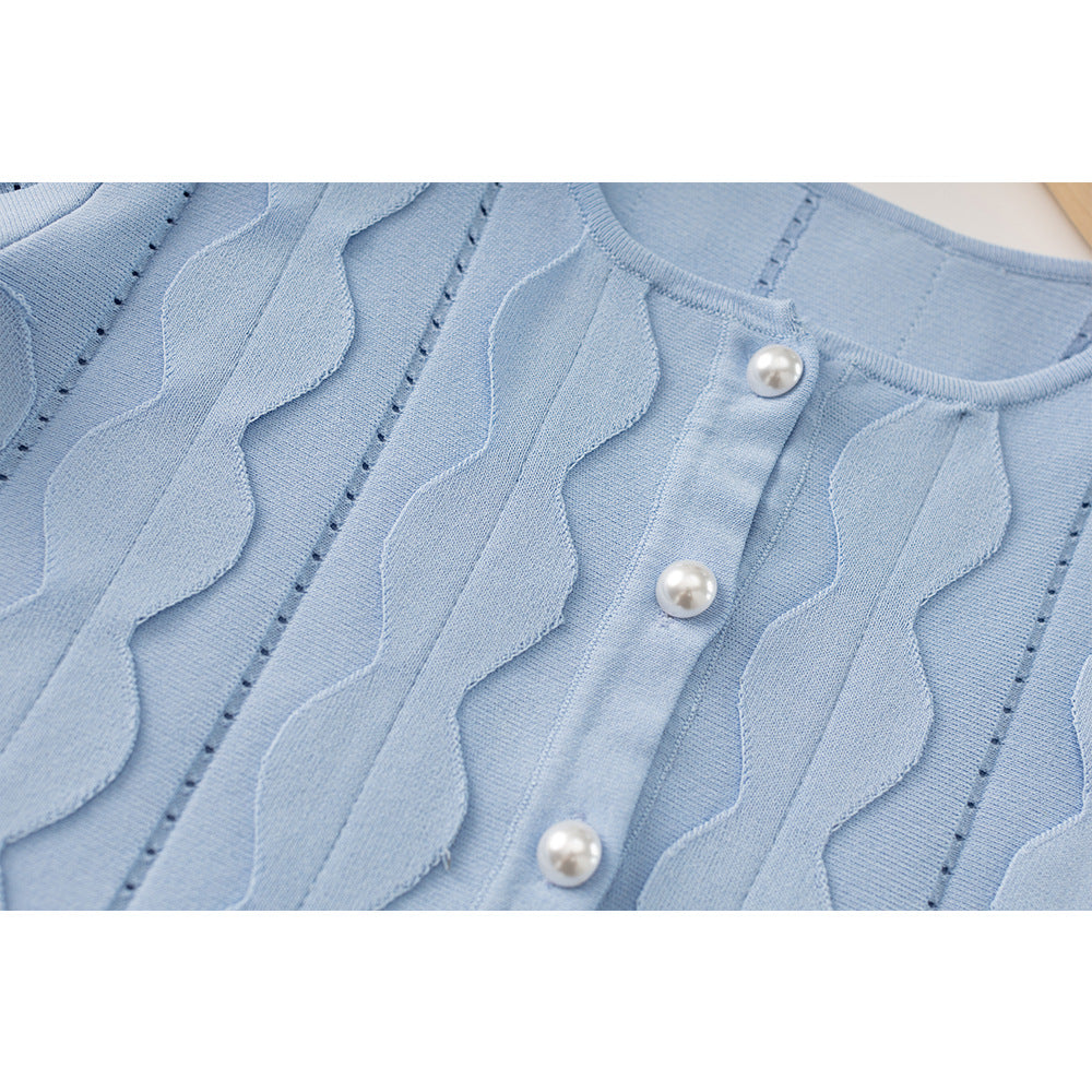 BLUE GEOMETRIC PRINT SKIRT SET, TWO-PIECE CARDIGAN