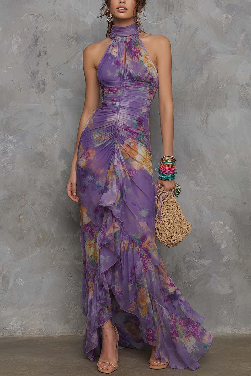 O1CN01MYi9Yp1ogO49woWSH__2222326265254-0-cib PURPLE FLORAL HALTER RUCHED MAXI DRESS