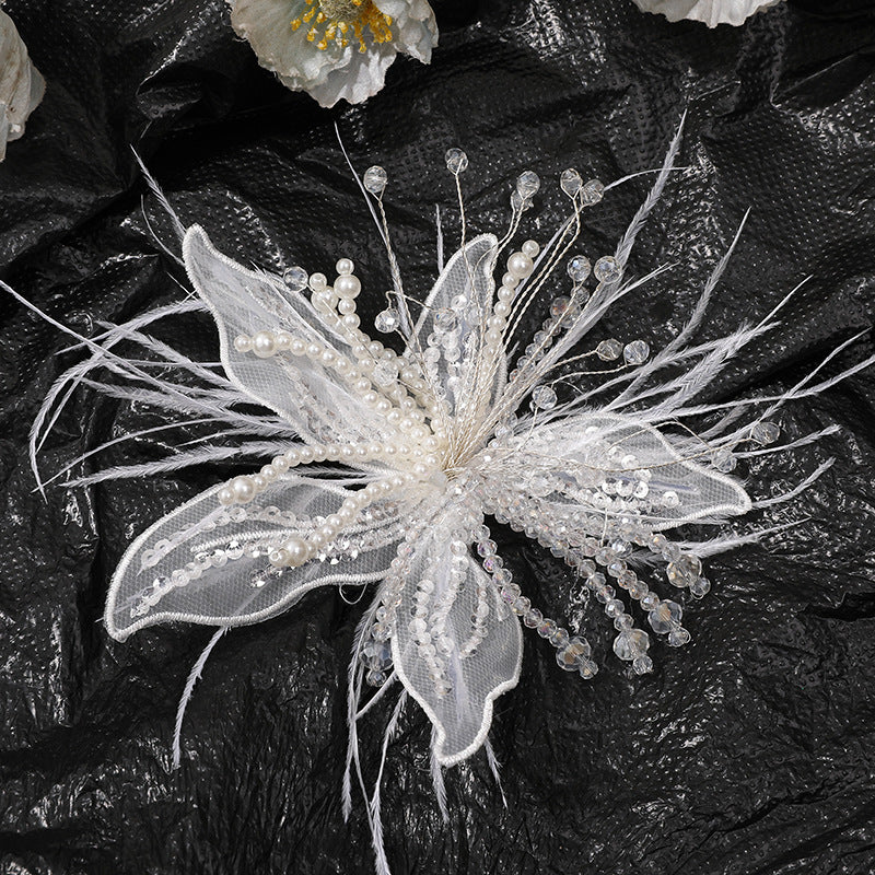 WHITE LACE PEARL CRYSTAL FLOWER HEADWEAR WEDDING CLAW CLIP