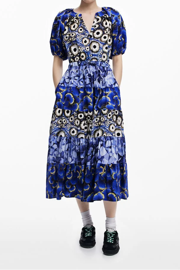 BLUE MIXED PRINT PUFF SLEEVE TIERED MIDI DRESS