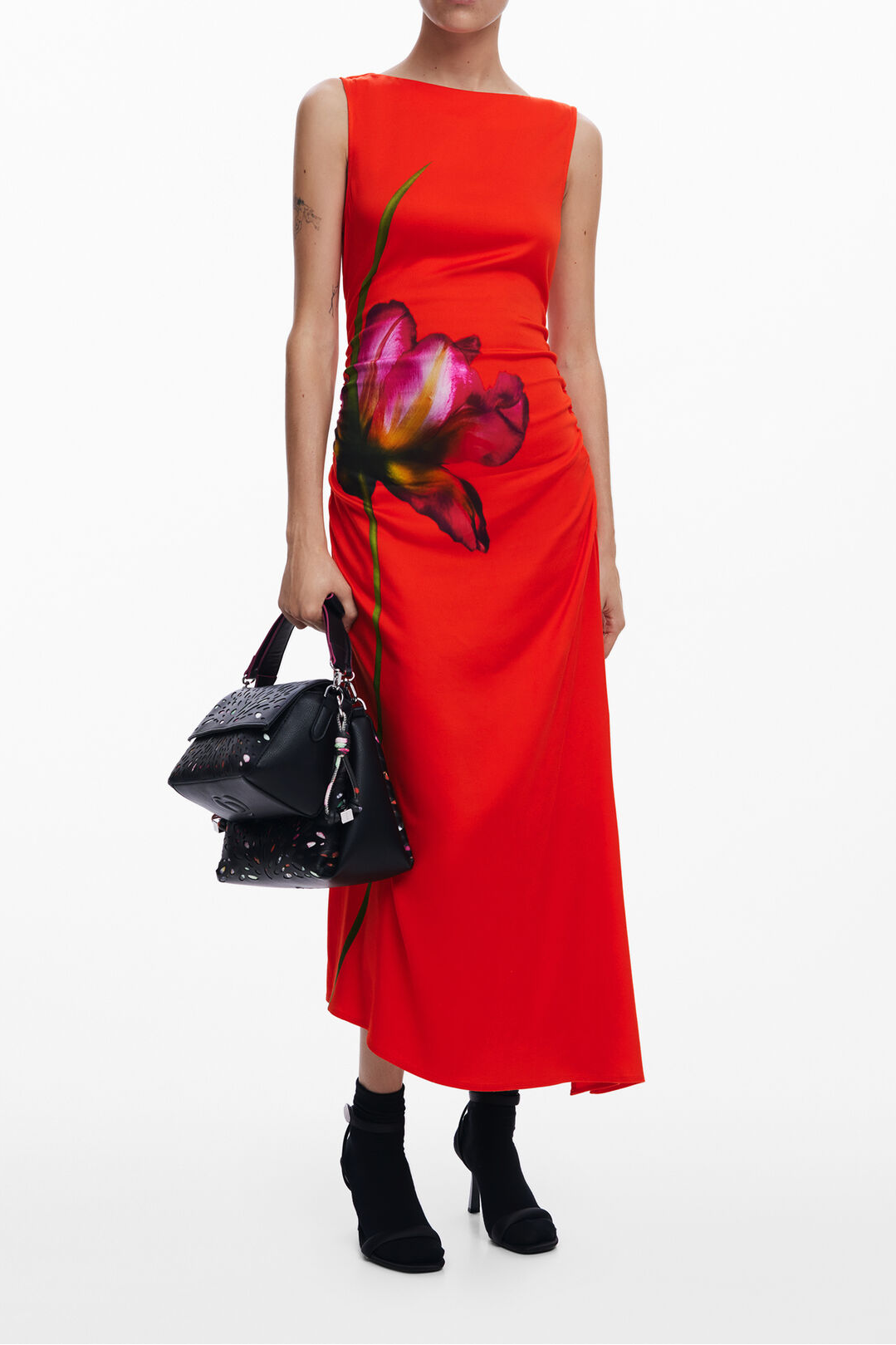 RED RUCHED MIDI DRESS, SLEEVELESS FLORAL FOR WEDDING