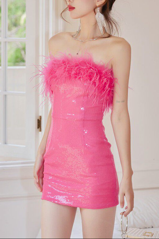 O1CN01MbOAuQ1gRiQx1KCIs__2221476194139 DOLORES SEQUIN STRAPLESS MINI DRESS, FEATHER HEM PARTY