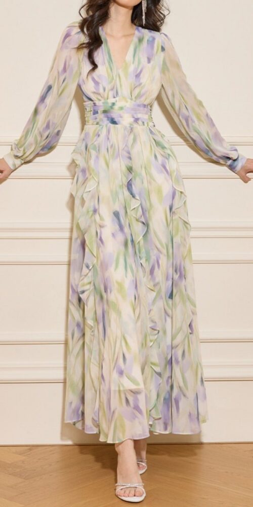 rachel multicolor v-neck floral print lantern sleeve maxi dress