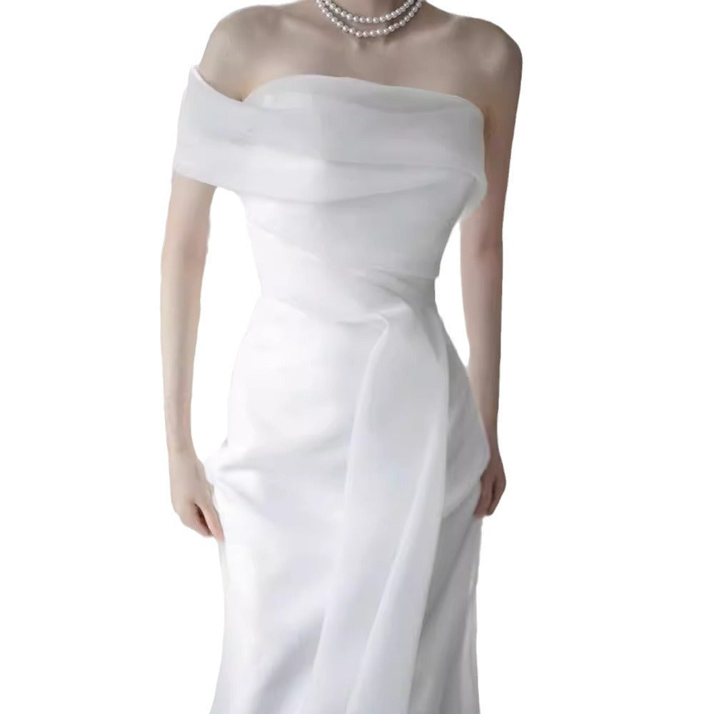ELEGANT WHITE FRENCH ONE-SHOULDER MERMAID MAXI DRESS