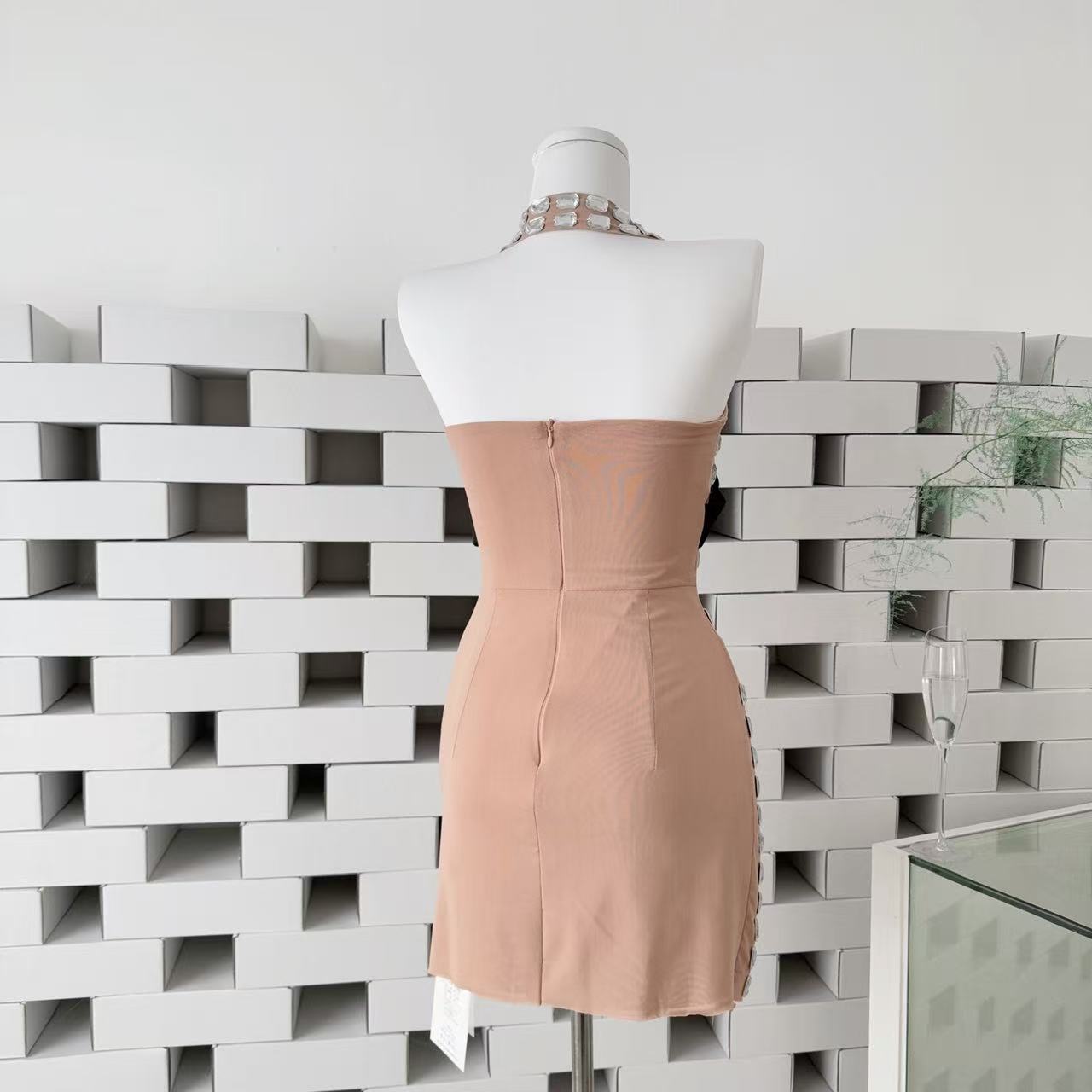 KETTLE HALTER BOW RHINESTONE MINI DRESS FOR PARTY