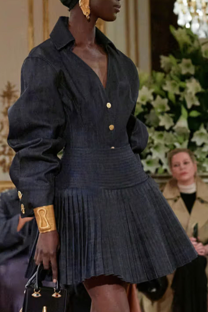 FLORENCE SINGLE-BREASTED TOP & PLEATED SKIRT NAVY BLUE