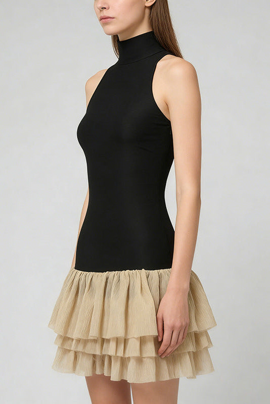 CYNTHIA BLACK RUCHED PUFFY SLEEVELESS MINI DRESS