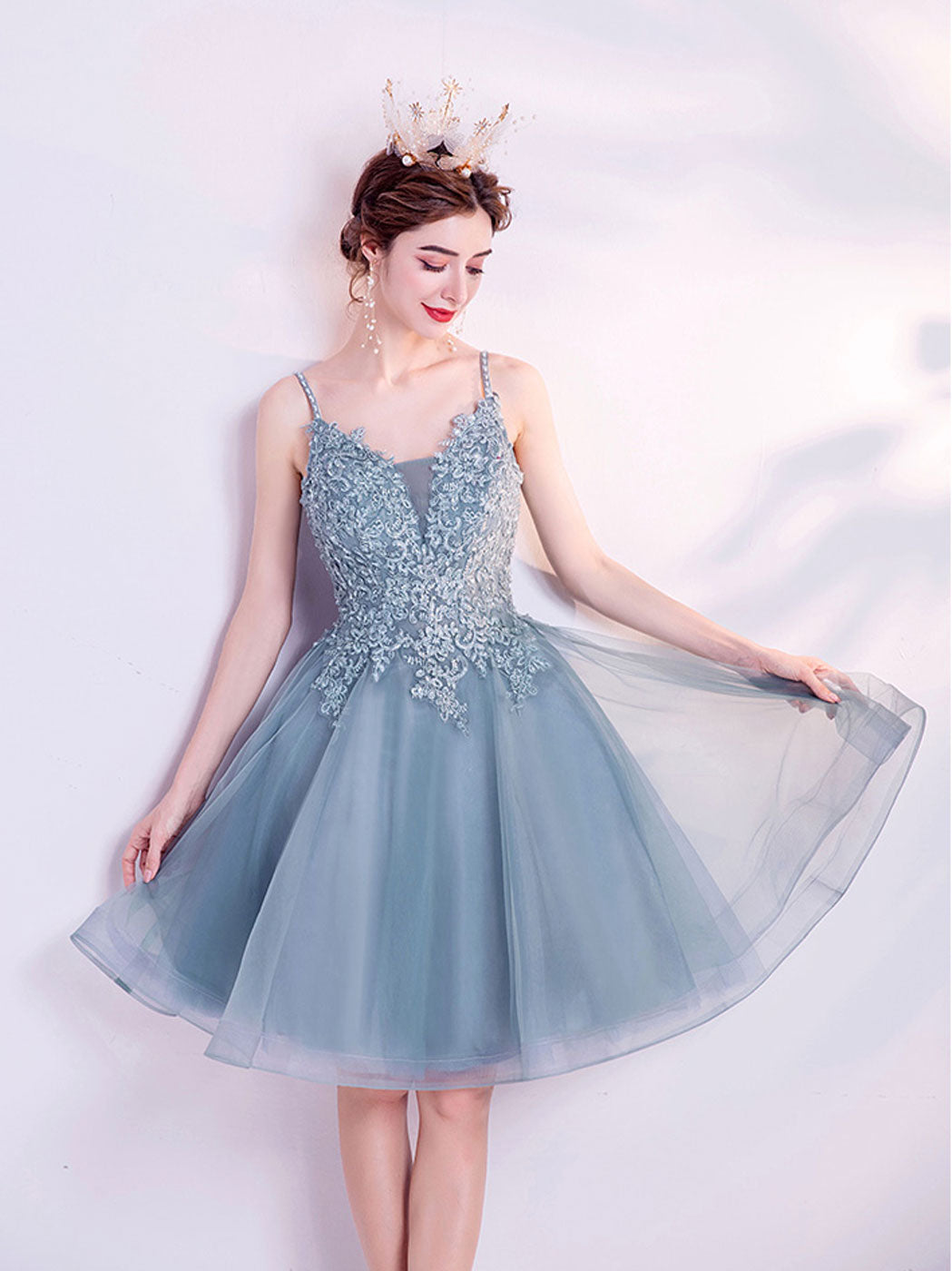 GRAY BLUE SEQUIN MIDI PROM DRESS