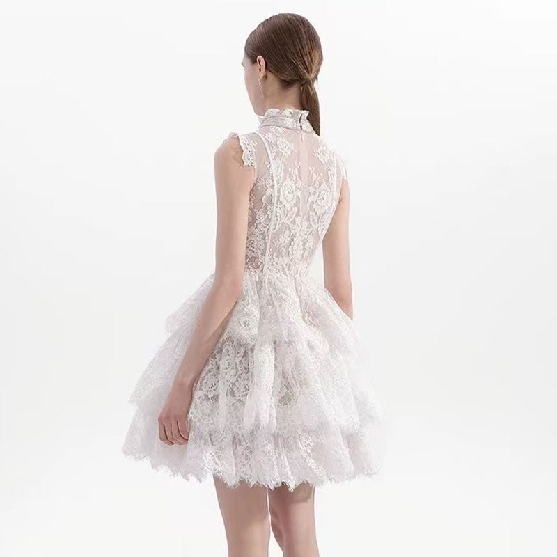 SLEEVELESS STAND COLLAR LACE TUTU MINI DRESS WHITE