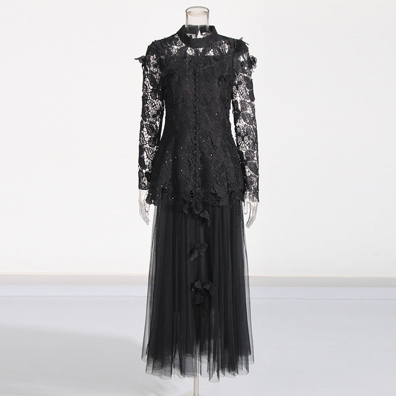 YVETTE BLACK LACE TWO-PIECE SET, LONG SLEEVE BUTTERFLY TOP & SKIRT