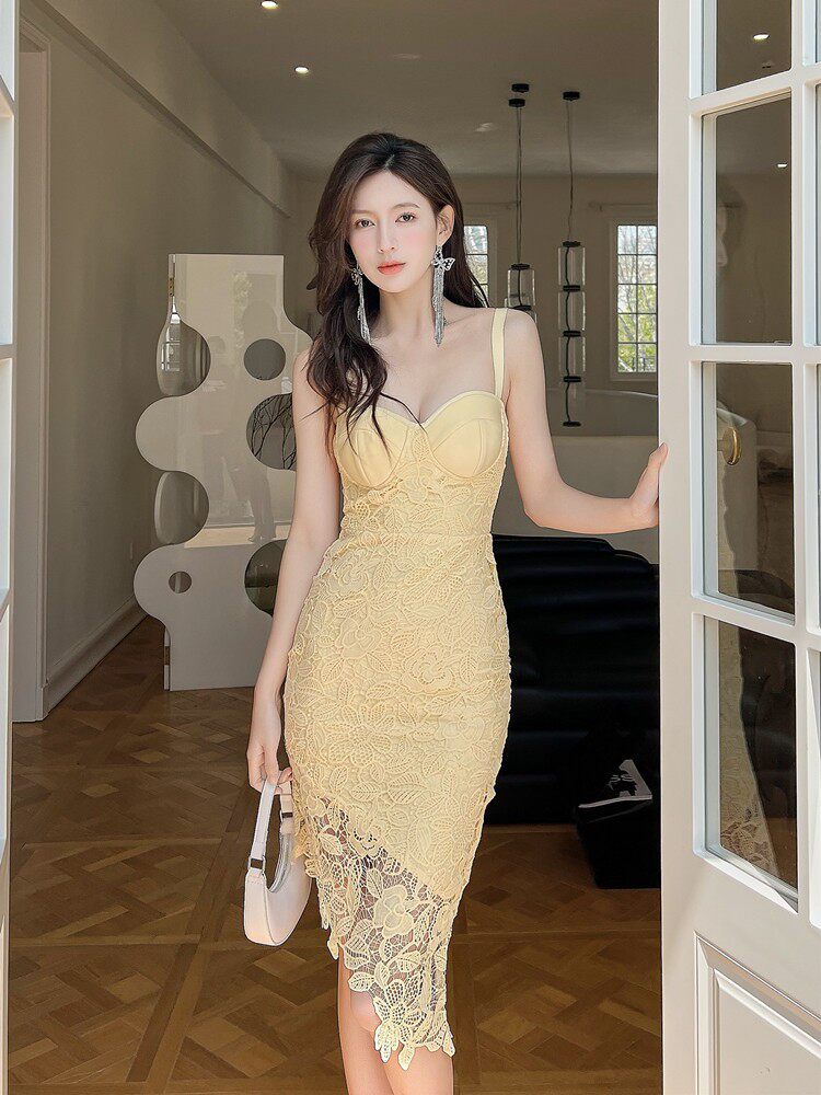 DOLORES YELLOW LACE STRAPPY ASYMMETRICAL MIDI DRESS