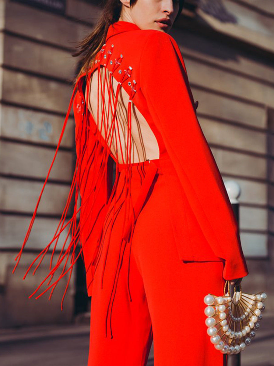 VIENNA RED BACKLESS BLAZER WITH FRINGE CUTOUT