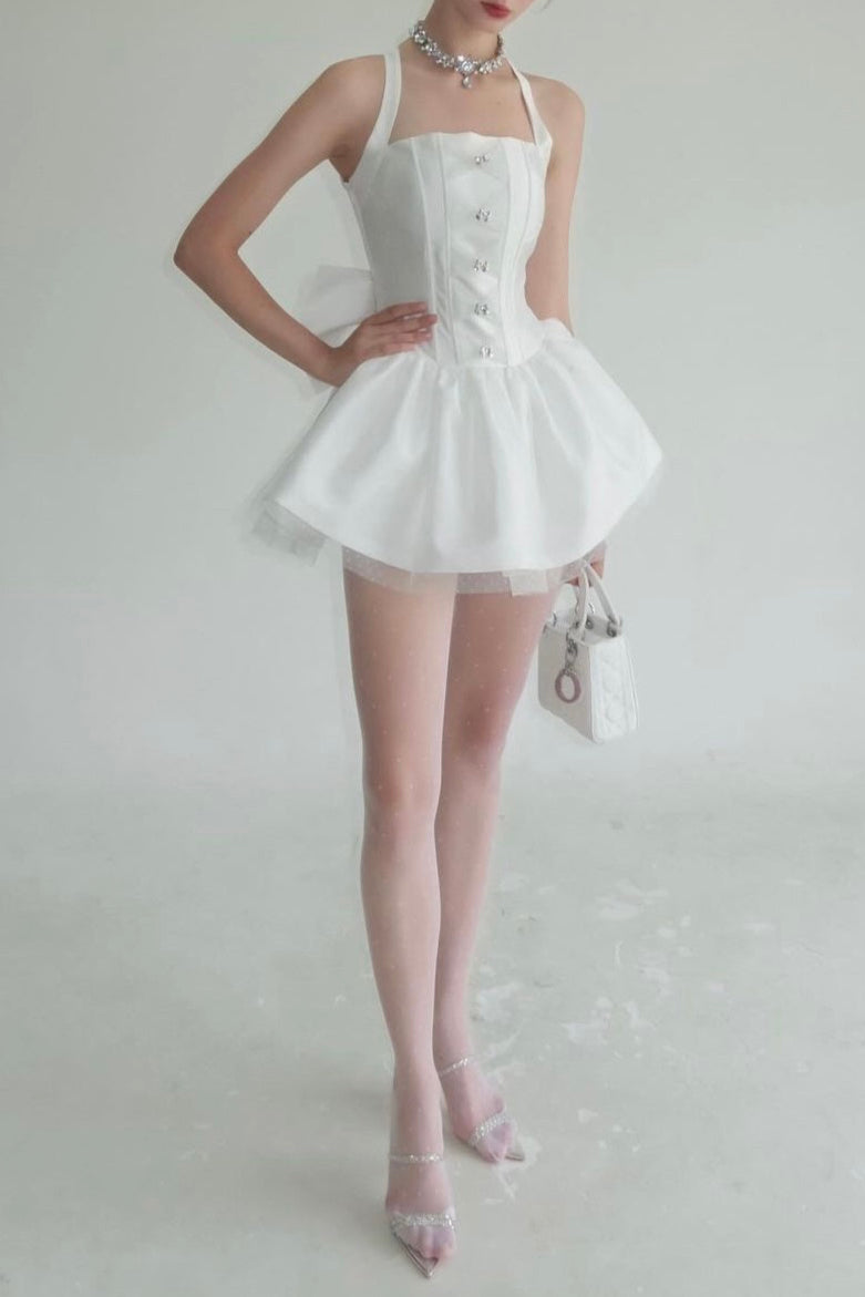 NORA OFF-SHOULDER LACE BOW MINI DRESS WHITE