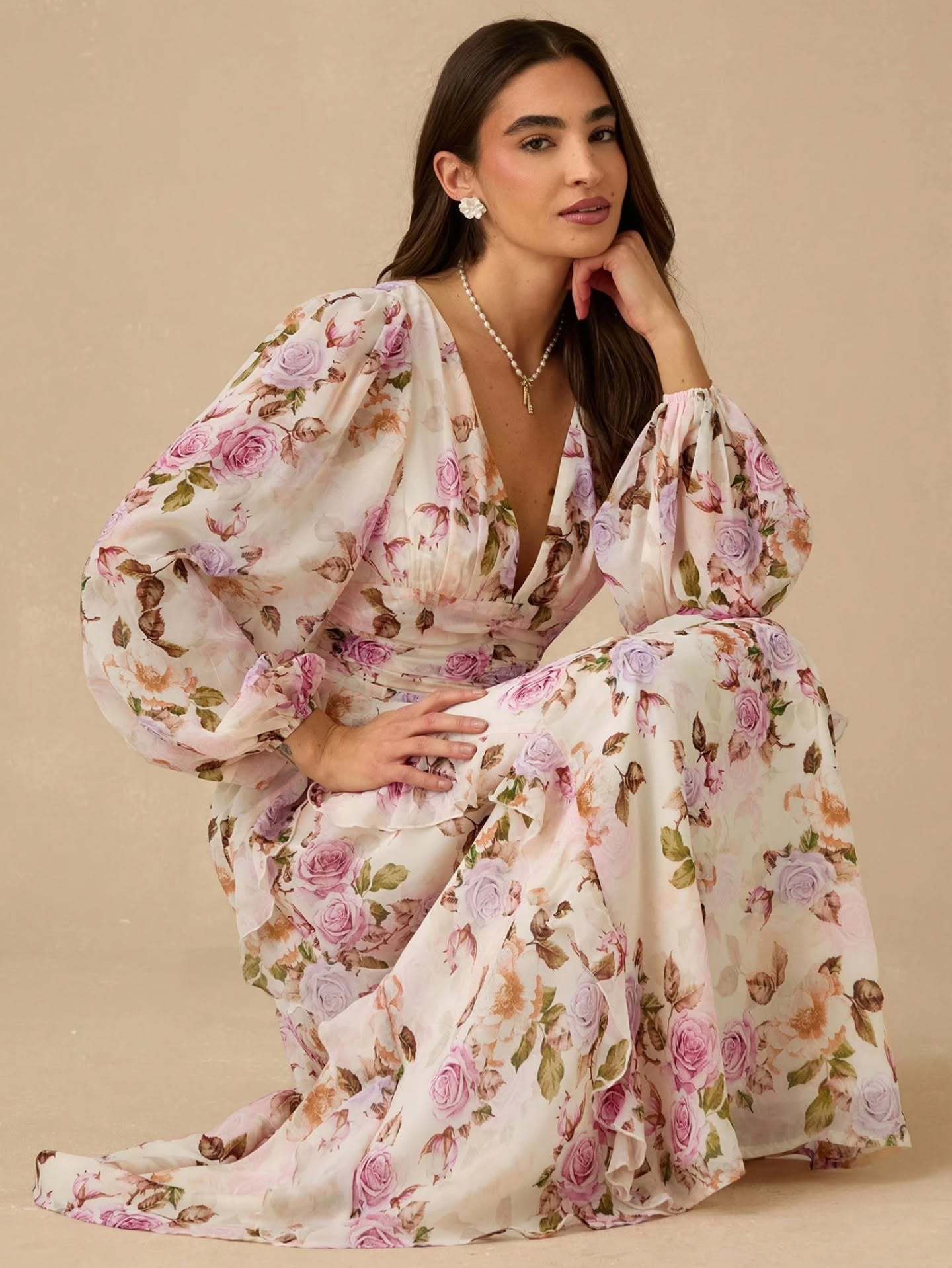 VICTORIA FLORAL V-NECK PUFF SLEEVE MAXI DRESS