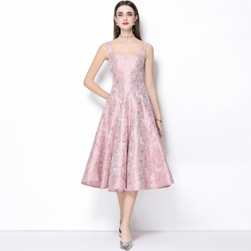 BEVERLY PINK VINTAGE JACQUARD SLIP MIDI DRESS