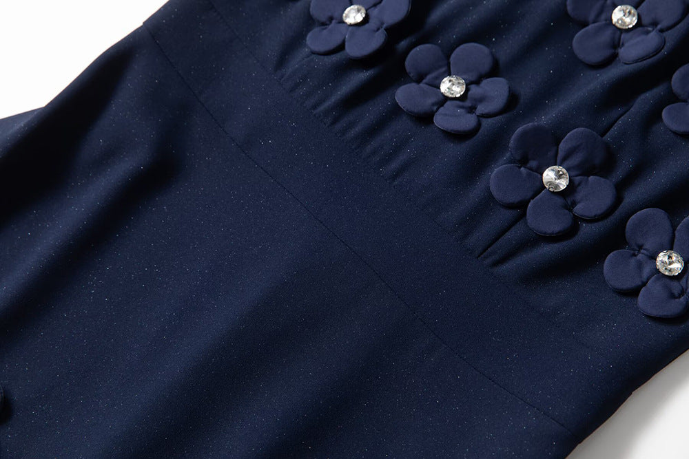NAVY 3D FLOWER APPLIQUÉ MIDI DRESS FOR EVENTS