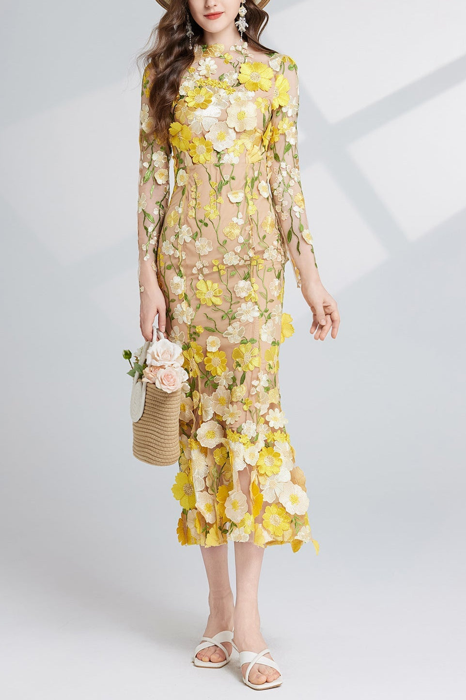CAROL YELLOW FLORAL EMBROIDERY LONG SLEEVE MIDI DRESS