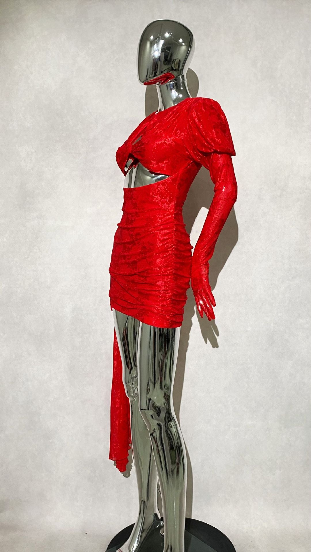 DARIEL FLORAL JACQUARD CUTOUT DRAPED MINI DRESS RED