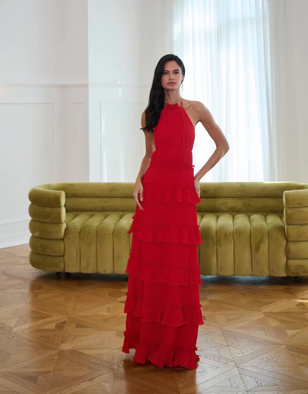 LORRAINE RUFFLE HALTER MAXI DRESS - RED