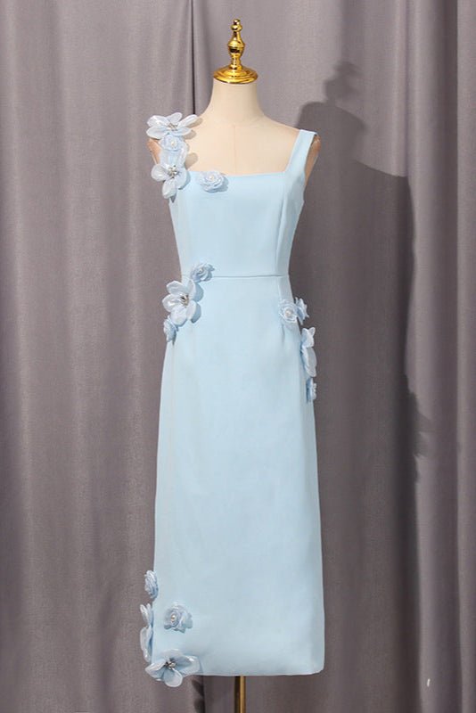 SABRINA 3D FLOWER MIDI DRESS BLUE WEDDING GUEST
