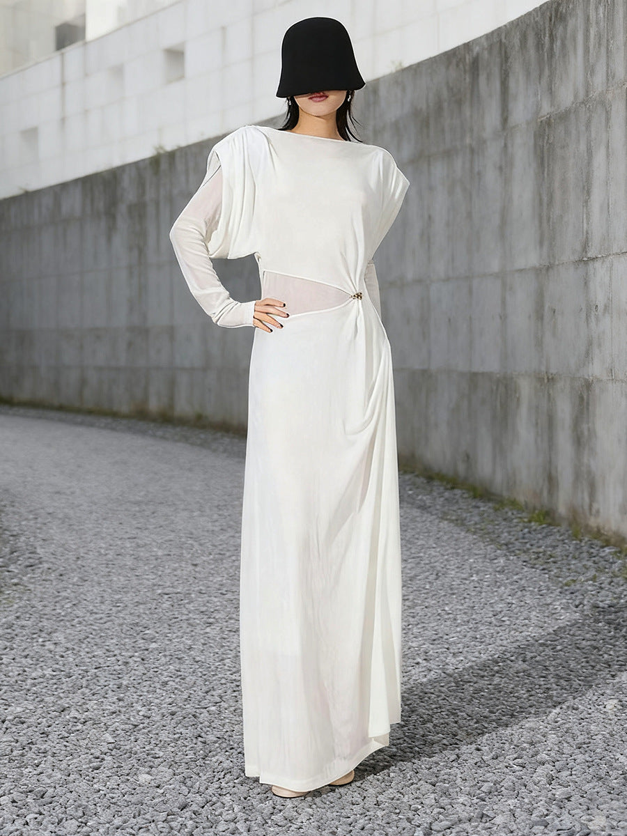 BERYL PLEATED KNIT WHITE MAXI DRESS