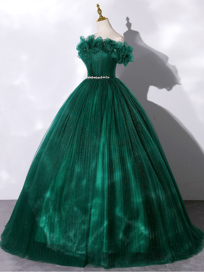 GREEN TULLE OFF-SHOULDER PROM GOWN