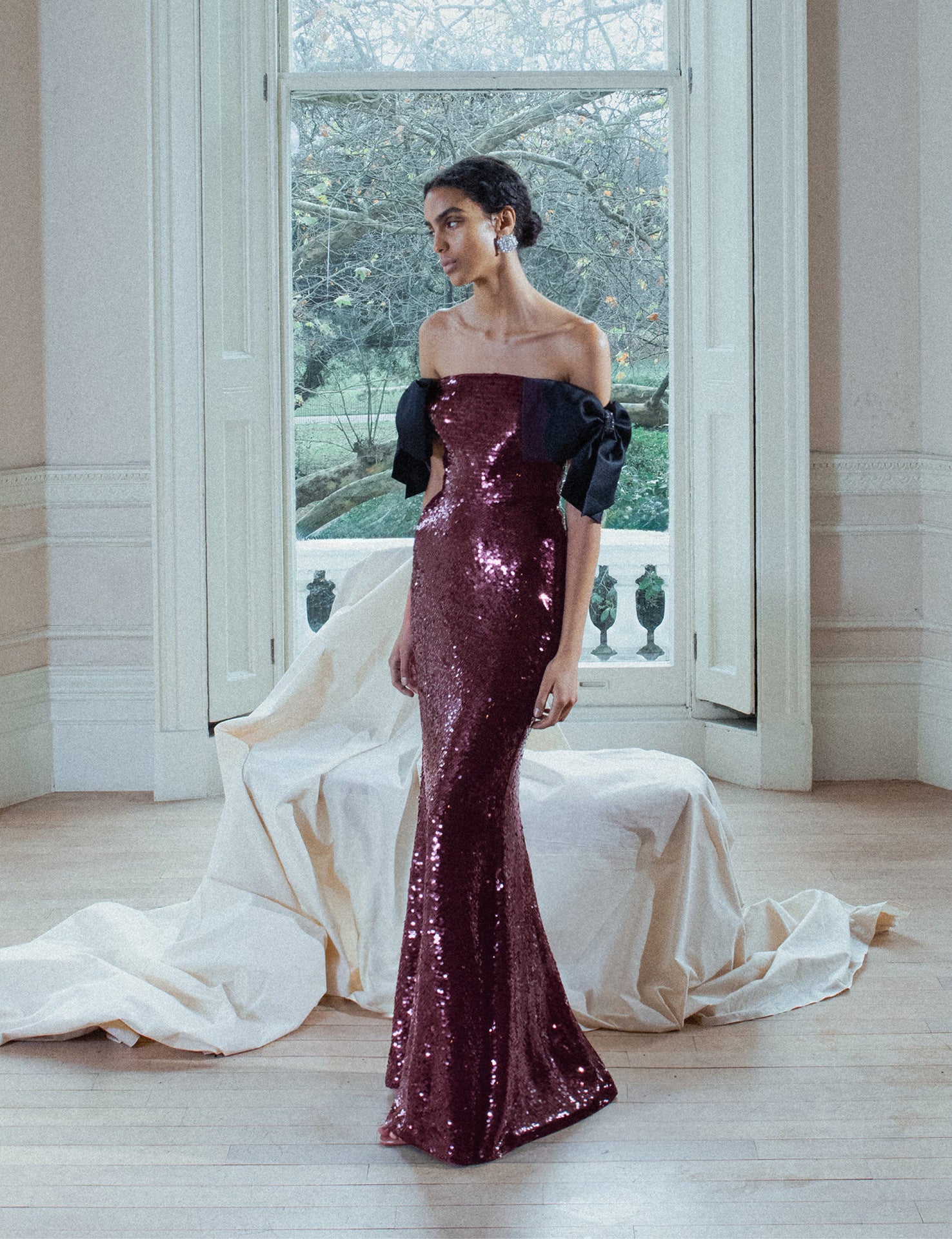 JESSIE BARDOT BOW SEQUIN MAXI DRESS, BURGUNDY WEDDING