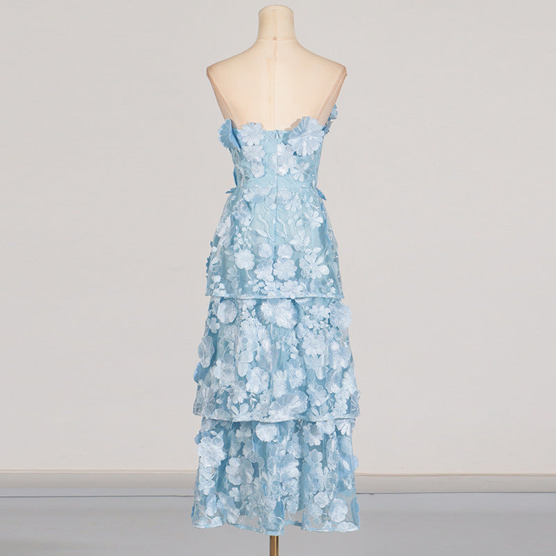 SELENE 3D FLOWER TIERED MAXI DRESS BLUE