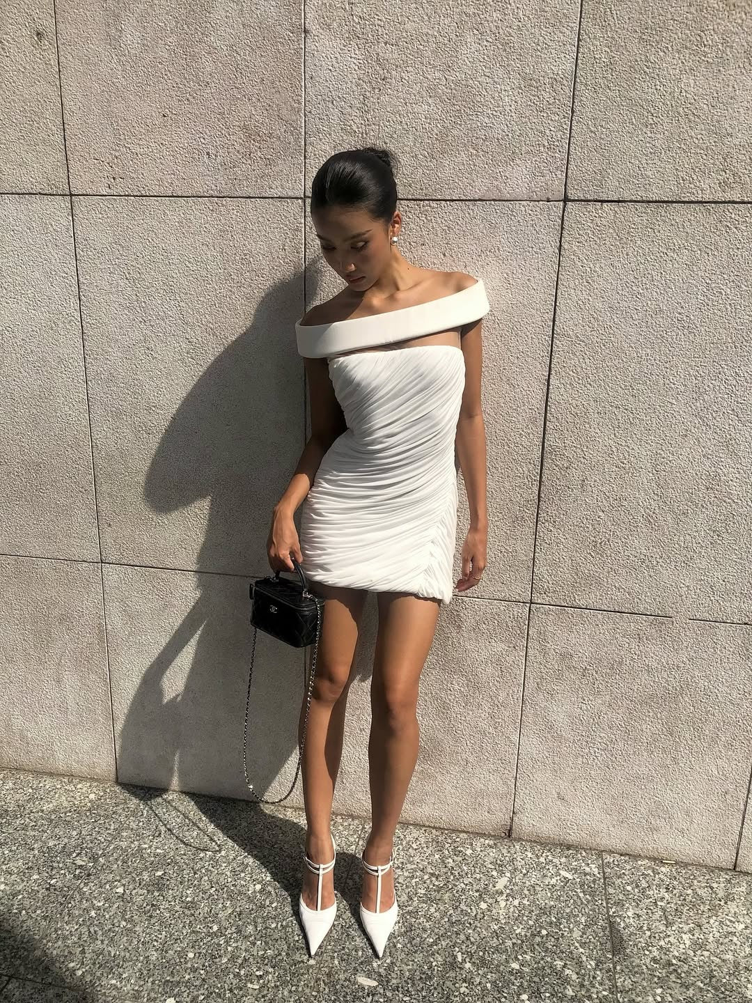 LOLA WHITE OFF-SHOULDER ASYMMETRICAL DRAPED MINI DRESS