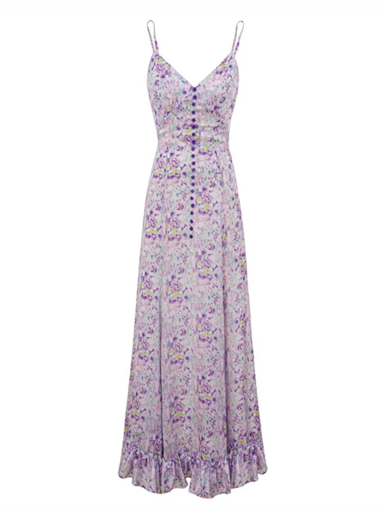 PINK FLORAL V-NECK RUFFLE MAXI DRESS