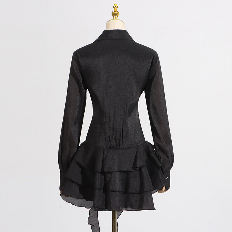 FLOWER RUFFLE RIBBON MINI DRESS, BLACK, PARTY